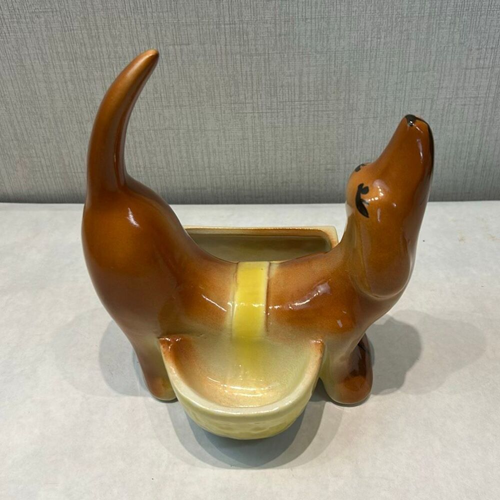 Vtg Ceramic Dachshund Planter Dresser Caddy Trinket Dish Weiner Dog Brown Yellow
